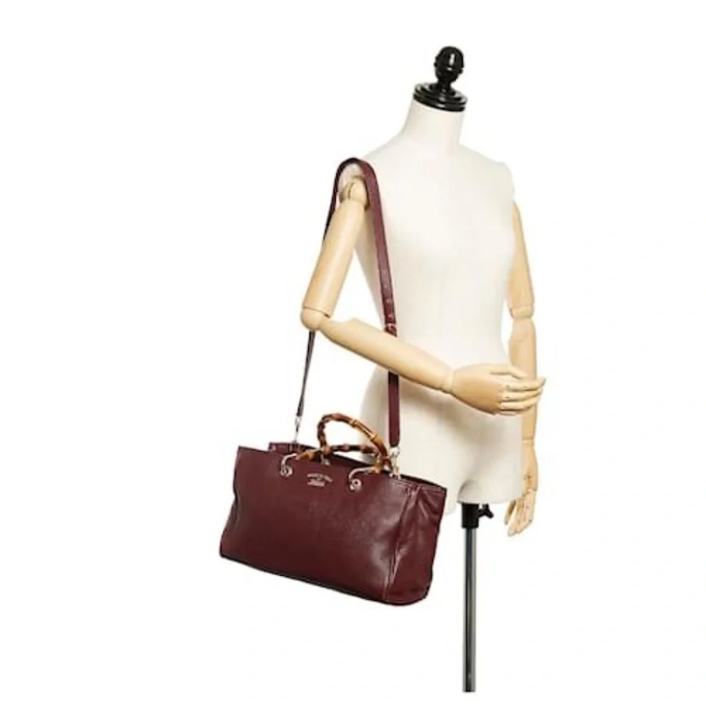 Authentic Gucci Bamboo Shopper Leather Satchel Bag Burgundy